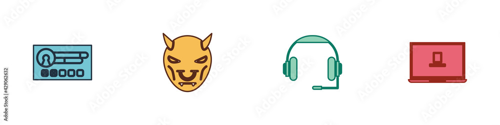 Set Create account screen, Mask of the devil with horns, Headphones and Laptop icon. Vector Set Create account screen, Mask of the devil with horns, Headphones and Laptop icon. Vector