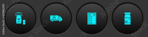 Set Can container for milk, Emergency car, Clinical record and Medicine bottle and pills icon. Vector