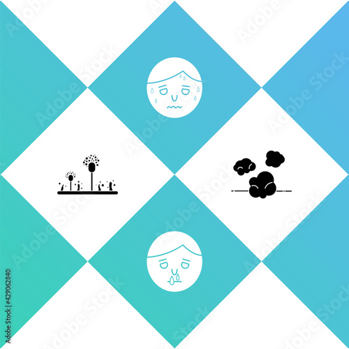 Set Mold, Runny nose, Man with excessive sweating and Dust icon. Vector