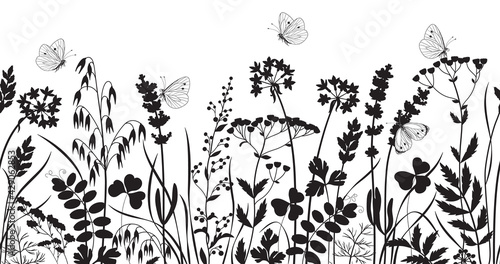 Seamless Border with Wild Flowers and Butterflies