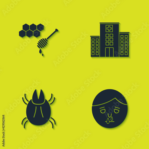 Set Honeycomb with honey dipper, Runny nose, Parasite mite and Medical hospital building icon. Vector