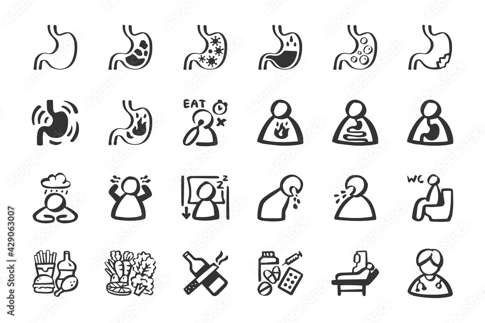 Gastritis disorder icon set Hand drawn doodle icons