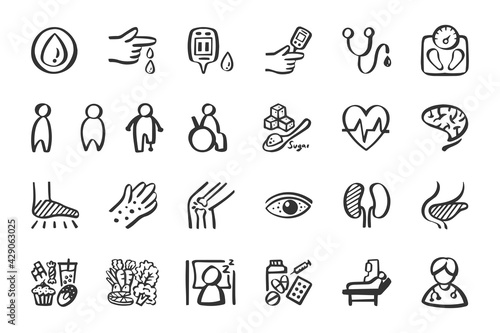 Diabetes mellitus icon set hand drawn doodle icons