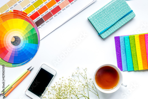 profession concept with designer tools on work desk background top view mockup