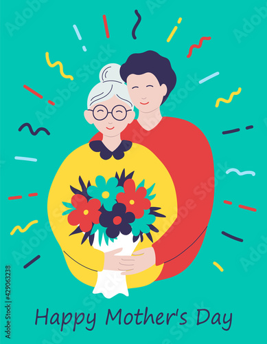 Vector colorful Mother's Day card. An adult son hugs his elderly mother. Man and grandmother with a bouquet of flowers. Happy mother's day lettering. An old lady with flowers in flat cartoon style.