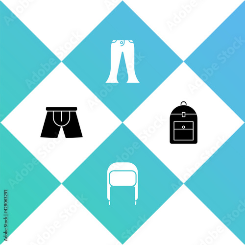 Set Men underpants, Winter hat with ear flaps, Pants and Backpack icon. Vector