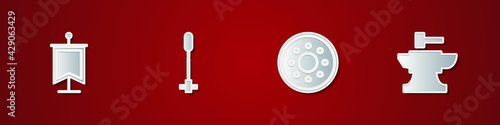 Set Medieval flag, Torch flame, Round wooden shield and Anvil for blacksmithing hammer icon. Vector