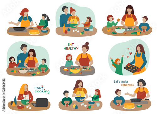 Vector Set of people preparing food. Cooking at home. Mom and daughter, mother and son, parents and children cook different food in the kitchen. Cartoon flat style. Isolated on a white background.