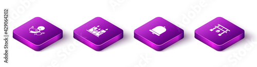 Set Isometric Jesus Christ, Burning candles, Church bell and Japan Gate icon. Vector