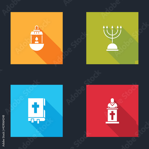 Set Ramadan Kareem lantern, Hanukkah menorah, Holy bible book and Church pastor preaching icon. Vector