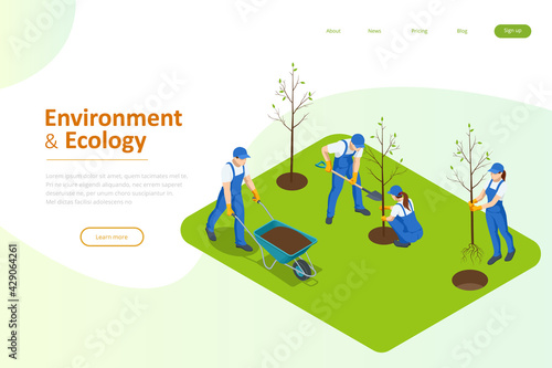 Isometric Community Work Day. Environment Protection Concept. Group Volunteer People Planting Trees in City Park. People plant fruit trees