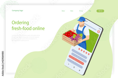 Online grocery store. Organic Fresh Products. Isometric Organic farm food