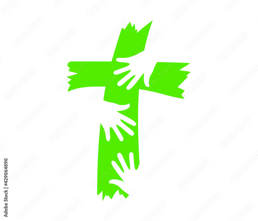 Cross logo of unity with hand prints silhouette over christian symbol Cross logo of unity with hand prints silhouette over christian symbol