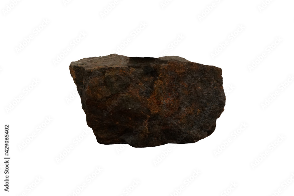Fototapeta premium Magnetite metallic mineral rock isolated on white background. iron ores, oxides of iron, ferrimagnetic. 