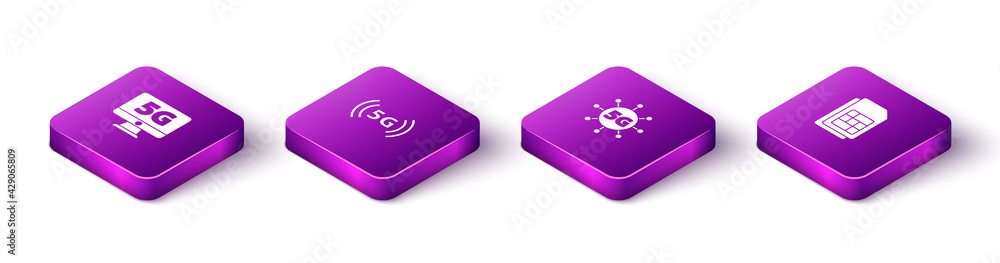Set Isometric Monitor with 5G network, , and Sim card icon. Vector Set Isometric Monitor with 5G network, , and Sim card icon. Vector