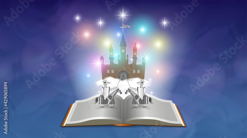3d a open book in bright rays of light. Fantasy castle in the clouds with knights on horseback in armor at the tournament. Stars, sparks and wavy shadows