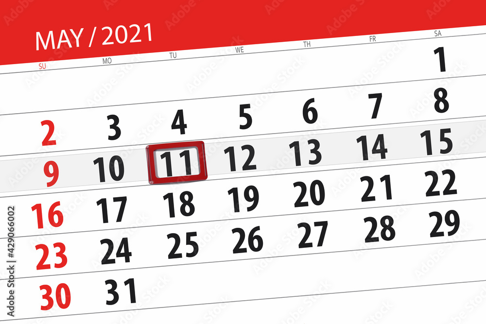 Fototapeta premium Calendar planner for the month may 2021, deadline day, 11, tuesday
