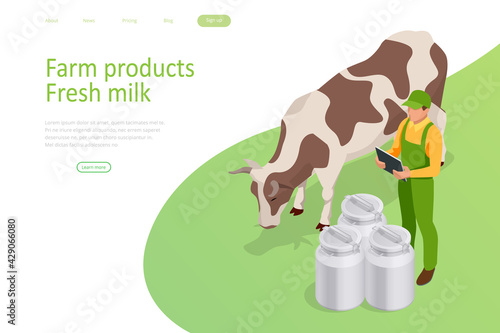 Isometric Farmer is Working on the Organic Farm with Dairy Cows. Milk Produce Production Chain from a Dairy Farm, Fresh Milk.