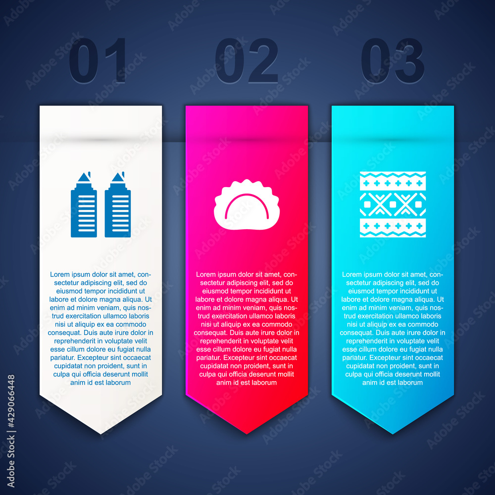 Set Two towers in Dnipro, Dumplings and Ukrainian ethnic pattern. Business infographic template. Vector Set Two towers in Dnipro, Dumplings and Ukrainian ethnic pattern. Business infographic template. Vector
