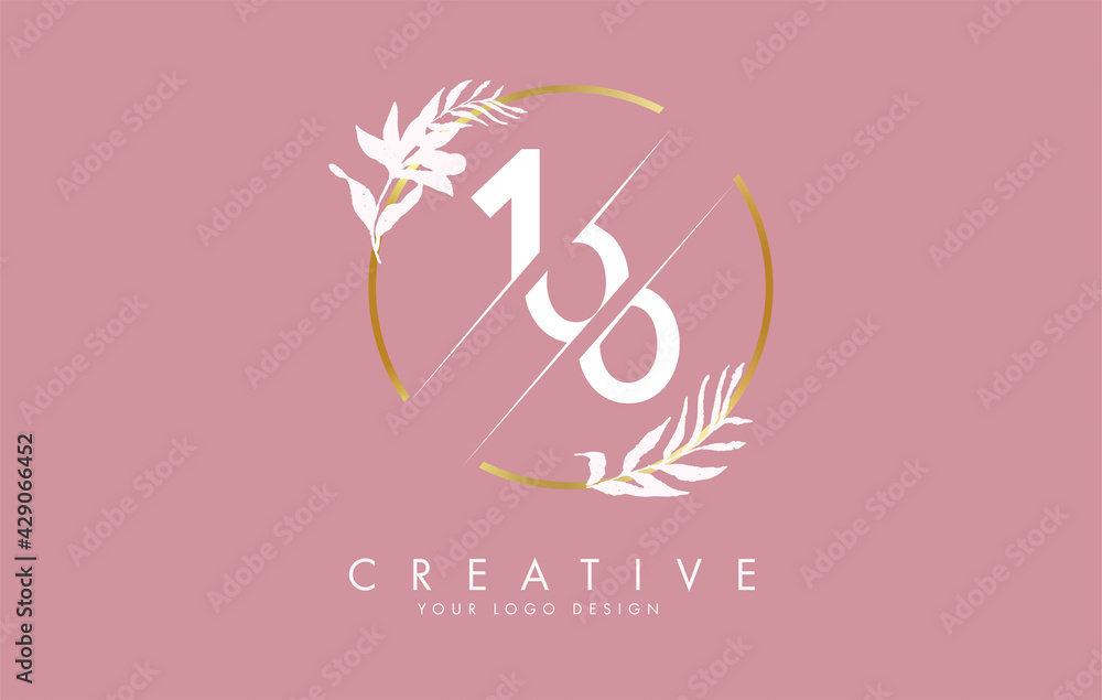 Number 100 1 0 logo design with golden circle and white leaves on branches around. Number 100 1 0 logo design with golden circle and white leaves on branches around.