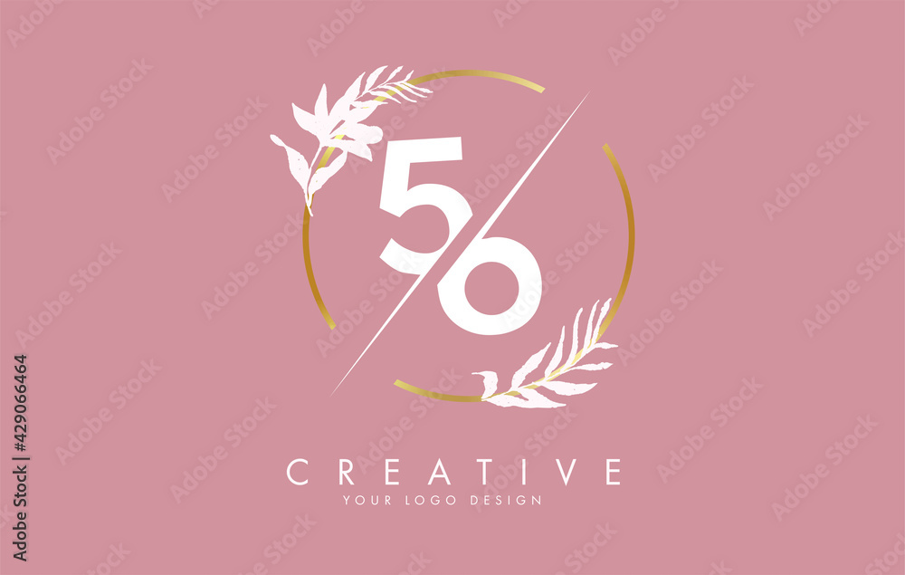 Number 56 5 6 Logo Design With Golden Circle And White Leaves On