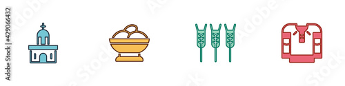 Set Church building, Varenyky a bowl, Wheat and Embroidered shirt icon. Vector