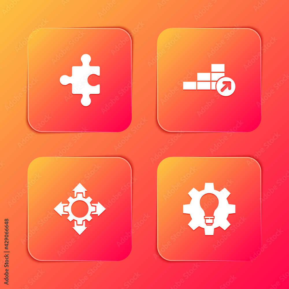 Set Piece of puzzle, Financial growth, Project team base and Light bulb and gear icon. Vector Set Piece of puzzle, Financial growth, Project team base and Light bulb and gear icon. Vector