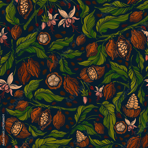 Cacao exotic seamless pattern. Vector green plant