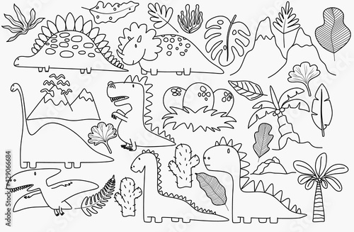 Wallpaper Mural Cute dinosaurs and tropic plants. Funny cartoon dino collection. Hand drawn vector doodle set for kids. Torontodigital.ca