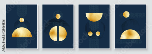 Abstract Art Illustration with Golden Circles. Set of aesthetic gold painting wall art for house decoration. Minimalistic canvas background design. Vector wall art shapes in boho style.