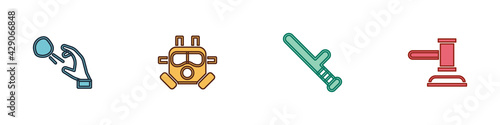 Set Hooligan shooting stones, Gas mask, Police rubber baton and Judge gavel icon. Vector