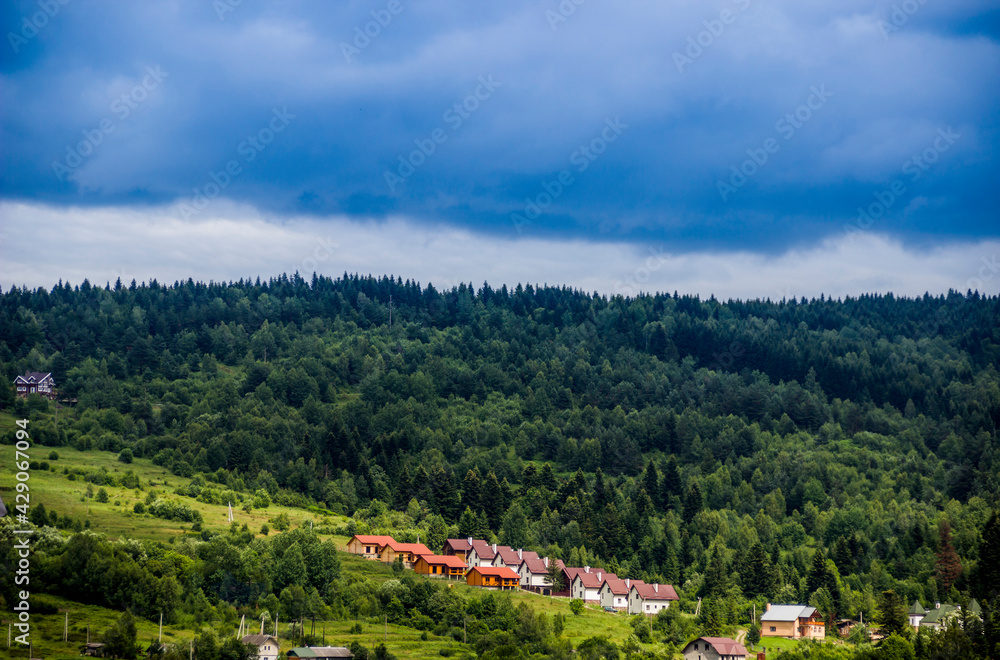 Fototapeta premium a raw of wooden houses in the forest, national park Skolivski beskidy, Lviv region of Western Ukraine