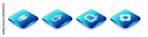 Set Isometric line Smart watch heart beat rate, Speaker, Television tv and Processor with CPU icon. Vector