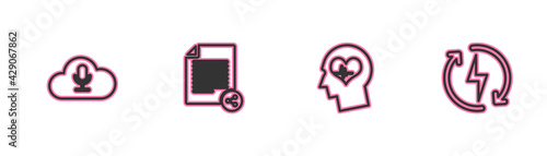 Set line Music streaming service, Head with heartbeat, Share file and Recharging icon. Vector