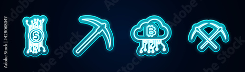Set line Cryptocurrency bitcoin in circuit, Pickaxe, cloud mining and Crossed pickaxe. Glowing neon icon. Vector