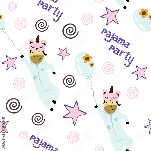 Seamless pattern pajama party with unicorns, unicorns in pajamas, funny unicorns, fly away on balls