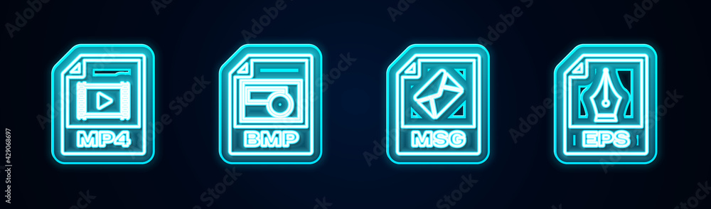 Set line MP4 file document, BMP, MSG and EPS. Glowing neon icon. Vector Set line MP4 file document, BMP, MSG and EPS. Glowing neon icon. Vector