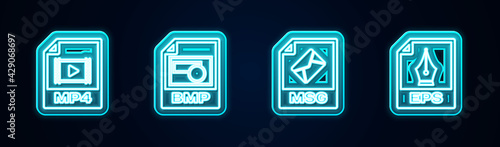 Set line MP4 file document, BMP, MSG and EPS. Glowing neon icon. Vector