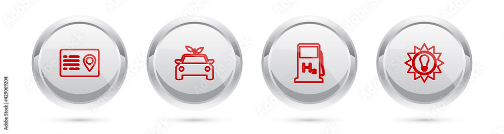 Set line Address book, Eco car concept drive, Hydrogen filling station and Solar energy panel. Silver circle button. Vector Set line Address book, Eco car concept drive, Hydrogen filling station and Solar energy panel. Silver circle button. Vector