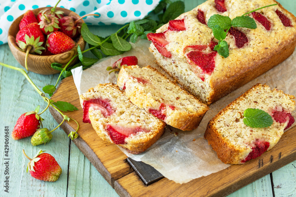Delicious summer dessert gluten free strawberry pie, cake with strawberries on a wooden table. Delicious summer dessert gluten free strawberry pie, cake with strawberries on a wooden table.