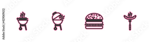 Set line Barbecue grilled shish kebab, Burger, and Sausage on the fork icon. Vector