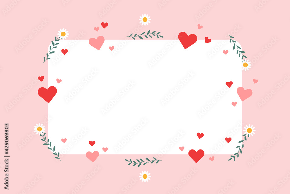 Pink background with flowers, greens and hearts. Vector

