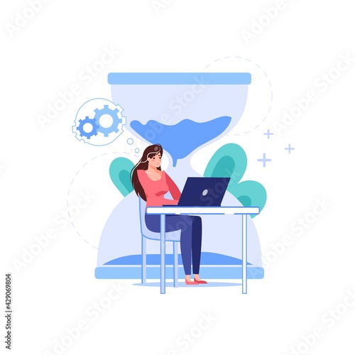 Vector cartoon flat office worker character at work,hourglass background.Good employee works on laptop,tries meet deadline-productivity,work stress situation,time management web site banner concept