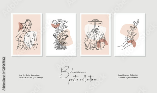 Botanical wall art vector set. Bohemian line art drawing with abstract shape. Abstract Plant line art design for print, cover, wallpaper, Minimal and natural wall art.