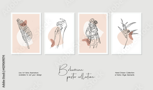 Botanical wall art vector set. Bohemian line art drawing with abstract shape. Abstract Plant line art design for print, cover, wallpaper, Minimal and natural wall art.