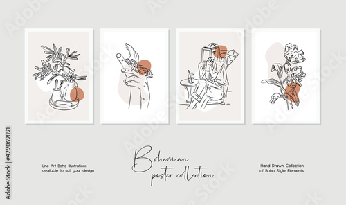 Botanical wall art vector set. Bohemian line art drawing with abstract shape. Abstract Plant line art design for print, cover, wallpaper, Minimal and natural wall art.
