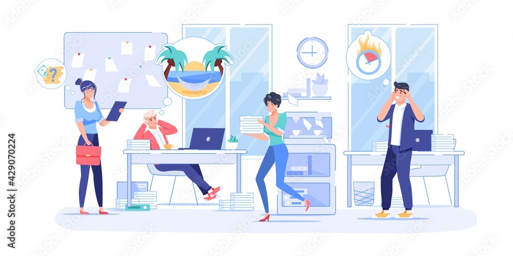 Vector cartoon flat employee characters at work,various emotions behavior.Employees office workers in hurry,panic,thinks of finances,dreams of vacation-deadline,workflow web site banner concept