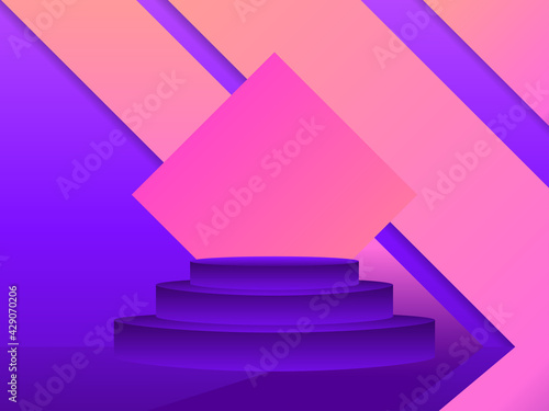 Stage with a podium in the style of the 80s. Gradient podium for product presentation in retro style. 3d platform studio. Advertising pedestal, mockup. Vector illustration