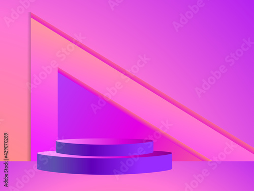 Stage with a podium in the style of the 80s. Gradient podium for product presentation in retro style. 3d platform studio. Advertising pedestal, mockup. Vector illustration
