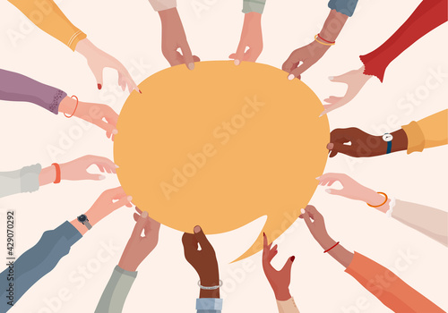 Agreement or affair between a group of colleagues or collaborators.Arms and hands holding speech bubble.Diversity People who exchange information.Concept of sharing and exchange.Community photo
